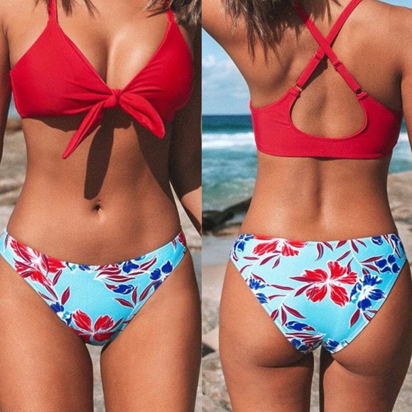 Cupshe Blue & Red Floral Print Bikini Bottoms XL - Picture 2 of 7